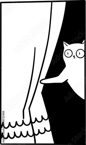 A white cat peeks from behind a black curtain touching a leg