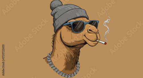 Cool camel with sunglasses and a beanie smoking a cigarette with a chain necklace
