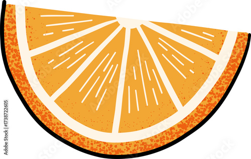 A stylized slice of an orange with white segments and a textured rind