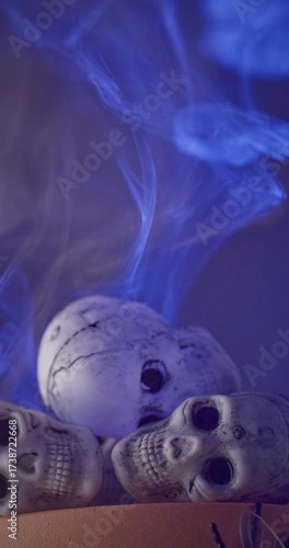 Several skulls on a podium surrounded by swirling blue smoke. A large fly rests on the podium, creating a spooky and eerie Halloween atmosphere