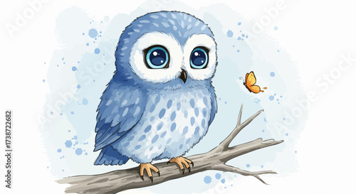 Adorable baby owl perched on a branch looking at a butterfly in a watercolor style