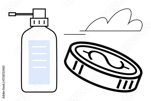 Hand sanitizer with a pump dispenser beside a coin under swooshes and a cloud, symbolizing hygiene, clean habits, costs, safety, health care, personal wellness, and prevention. Ideal for health