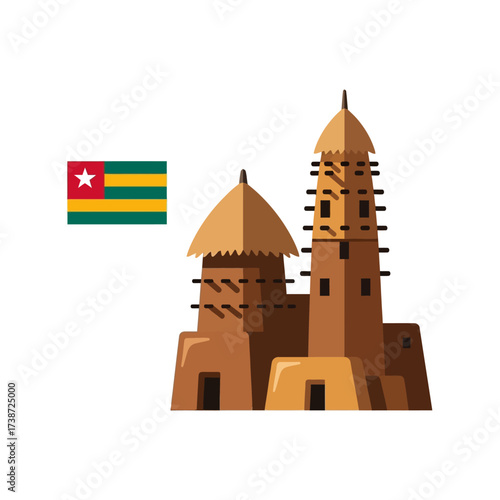 Togo Flag and Traditional Architecture Illustration