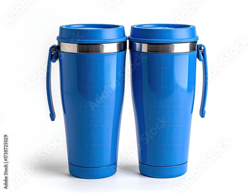 Two blue travel mugs, lids, stainless steel accents