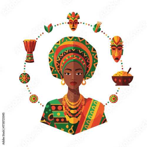 African Woman with Traditional Attire and Cultural Symbols