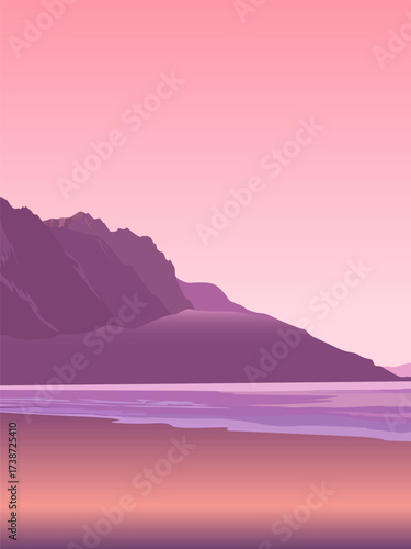 A beautiful landscape with a seashore against a backdrop of mountains and a sky in tropical pink hues. A vector illustration for your designs inspired by the beauty and harmony of nature.