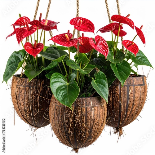 Three hanging coconut planters filled with red anthuriums