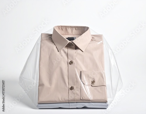 Folded tan shirt in plastic wrap