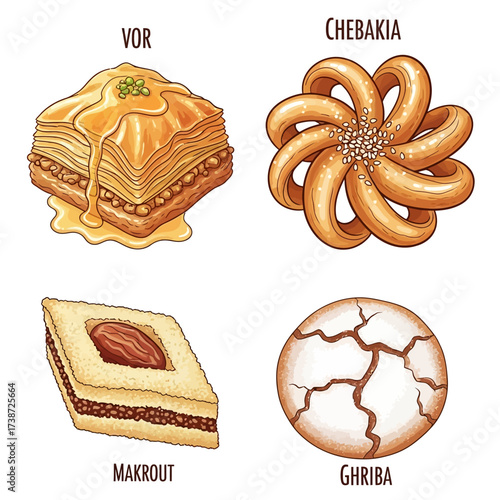Assortment of traditional baked goods including baklava, chebakia, makrout, and ghriba