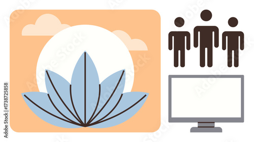 Lotus flower with sunset symbolizing balance, three people iconizing teamwork, monitor for technology. Ideal for wellness, collaboration, digital balance, mindfulness, productivity, meditation