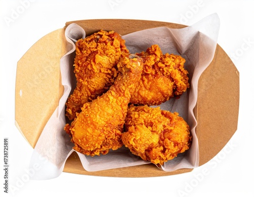 Fried chicken pieces inside a brown, open cardboard container