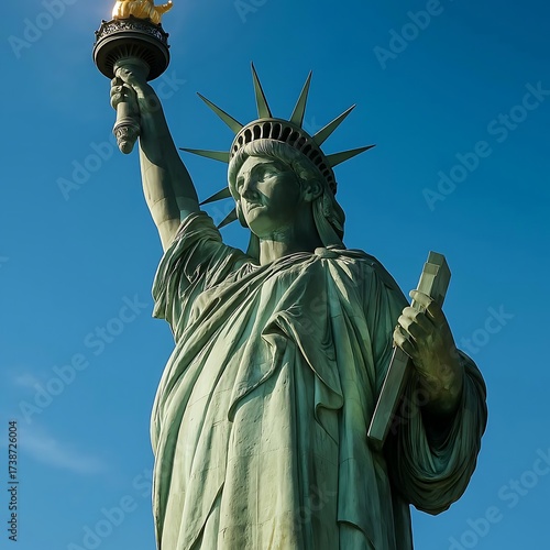 Statue of Liberty standing tall under bright blue sky with sunlight.
