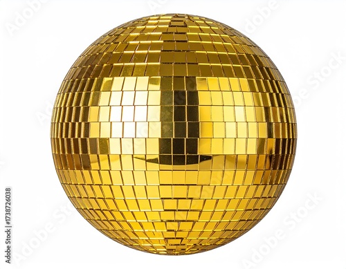Gleaming gold disco ball reflects light. Isolated object