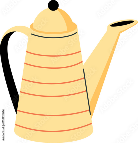 A yellow watering can with orange stripes