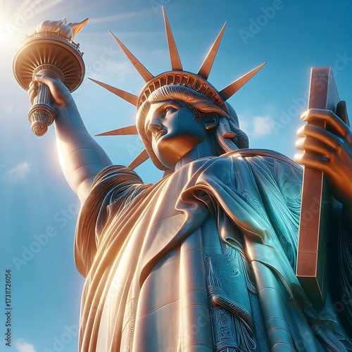 Statue of Liberty standing tall under bright blue sky with sunlight.