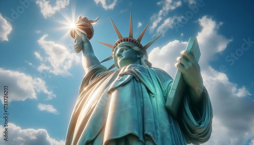 Statue of Liberty standing tall under bright blue sky with sunlight.