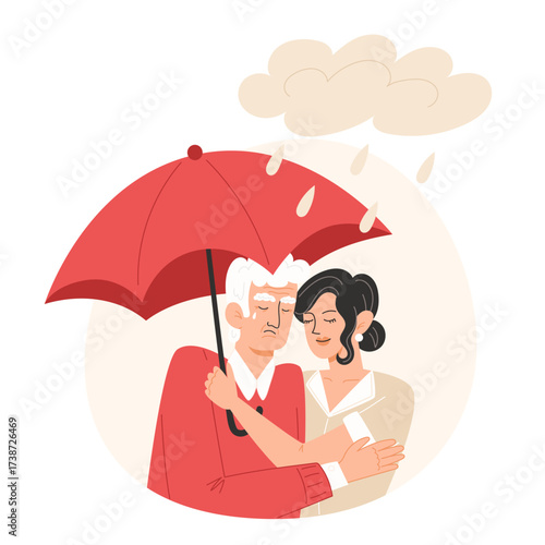 A woman hugs a crying man under a red umbrella in the rain