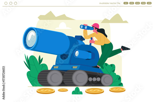 A woman operates a large blue cannon with a pink helmet
