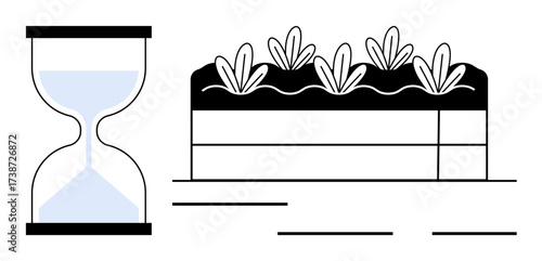 Hourglass and garden bed with plants sprouting in soil. Ideal for time, growth, sustainability, patience, farming, nature, and future planning themes. Minimal and simple flat metaphor