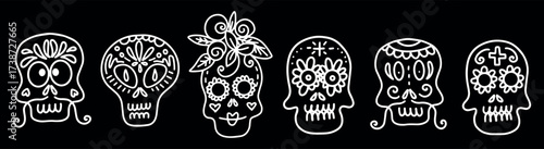 Collection of vector linear illustrations of decorated skulls of different types on black background for Halloween celebration concept designs