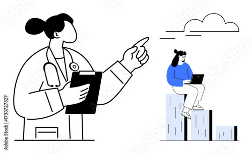 Doctor with clipboard pointing ahead person seated on chart bars using laptop under clouds. Ideal for healthcare progress, data analysis, career success, education, guidance, innovation, leadership