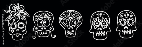Collection of vector linear illustrations of decorated skulls of different types on black background for Halloween celebration concept designs