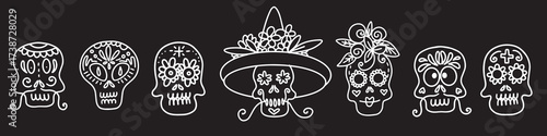 Collection of vector linear illustrations of decorated skulls of different types on black background for Halloween celebration concept designs