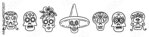 Collection of vector linear illustrations of decorated skulls of different types on white background for Halloween celebration concept designs