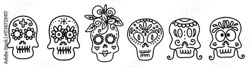 Collection of vector linear illustrations of decorated skulls of different types on white background for Halloween celebration concept designs