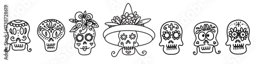 Collection of vector linear illustrations of decorated skulls of different types on white background for Halloween celebration concept designs