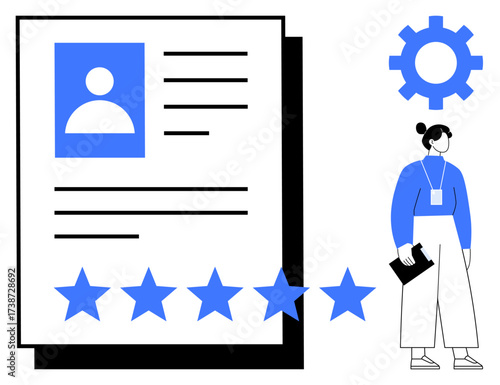 Professional profile evaluation with star rating, gears symbolizing optimization, person with a badge and notebook. Ideal for career growth, hiring, HR, professionalism, self-improvement, assessment