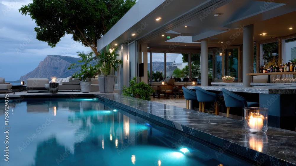 Fototapeta premium A stunning luxurious poolside view that showcases modern architecture and a breathtaking ocean view, highlighting relaxation and a lavish lifestyle at sunset.