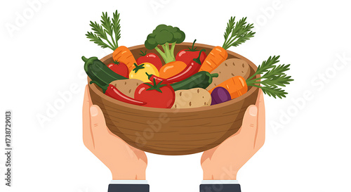 Hands holding a bowl of fresh, colorful vegetables. Healthy food, nutrition, harvest, and natural produce illustration.