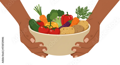 Hands holding a bowl of fresh, colorful vegetables. Healthy eating, vegan food, organic produce, nutrition concept illustration.