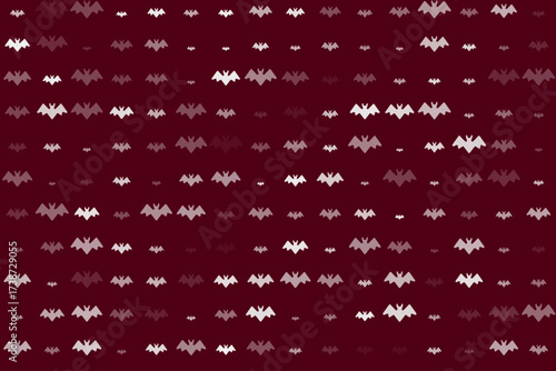 Seamless Halloween Bat Pattern on Dark Red Background with Flying Nocturnal Creatures in Various Shades of Grey and White for Spooky Designs