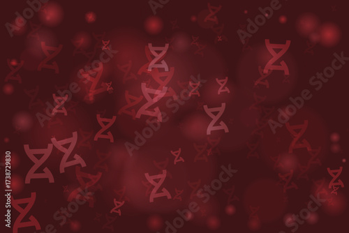 Abstract red background with translucent DNA helix symbols and genetic structures for science and medical concepts