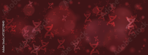 Dark red abstract background featuring multiple transparent DNA double helix symbols, illustrating molecular biology and genetic research concepts.