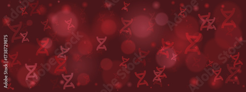 Abstract red background with stylized DNA helix patterns and soft bokeh lights, representing genetics, science, and medical research