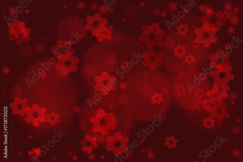 Abstract dark red background with floating gear shapes and blurred circles creating a dynamic and technological pattern.