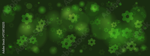 Abstract green background with glowing gears and interconnected mechanical elements, representing technology and innovation.
