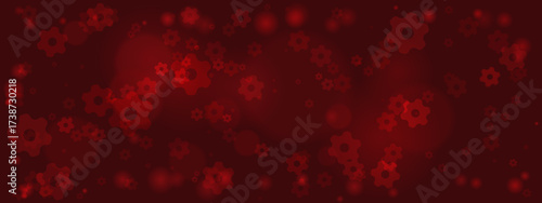 Abstract red background with scattered gear shapes and mechanical elements, creating a dynamic and technological texture.