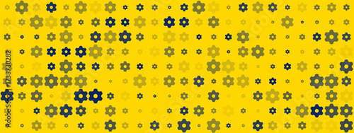 Abstract background with scattered gear shapes in yellow and blue tones, creating a dynamic mechanical pattern.
