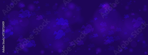 Spooky Halloween background with flying cartoon ghosts and ethereal bokeh lights on a dark blue and purple gradient for festive designs