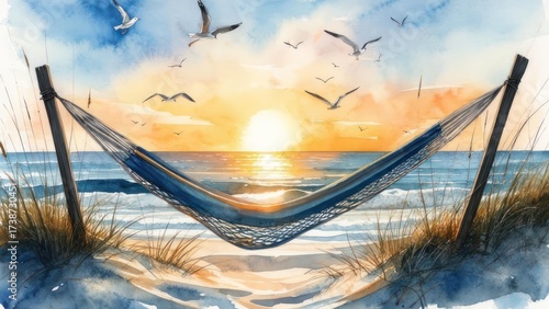 Relaxing Beach Sunset Hammock Scene.