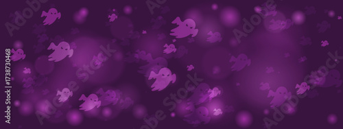 Spooky purple Halloween background with flying cartoon ghosts and abstract bokeh lights, perfect for festive designs and seasonal celebrations.