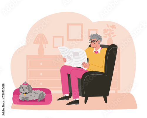 An elderly person reads a newspaper in an armchair with a dog on a bed