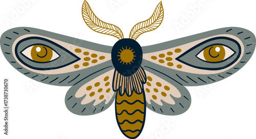 An illustrated moth with large almondshaped eyes on its wings
