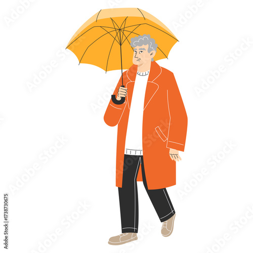 An illustrated man with gray hair holds an orange umbrella