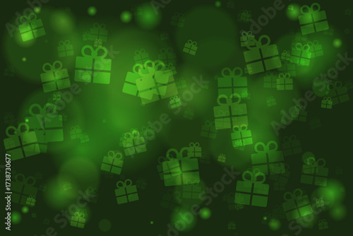 Abstract dark green background with glowing gift boxes and bokeh lights, perfect for holiday celebrations, promotions, or festive designs.