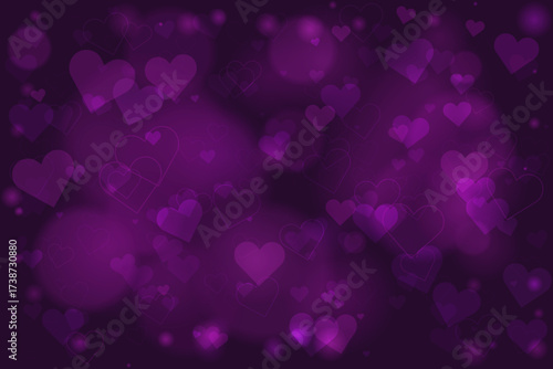 Abstract dark purple background with glowing translucent hearts and bokeh lights, perfect for romantic themes and celebrations.